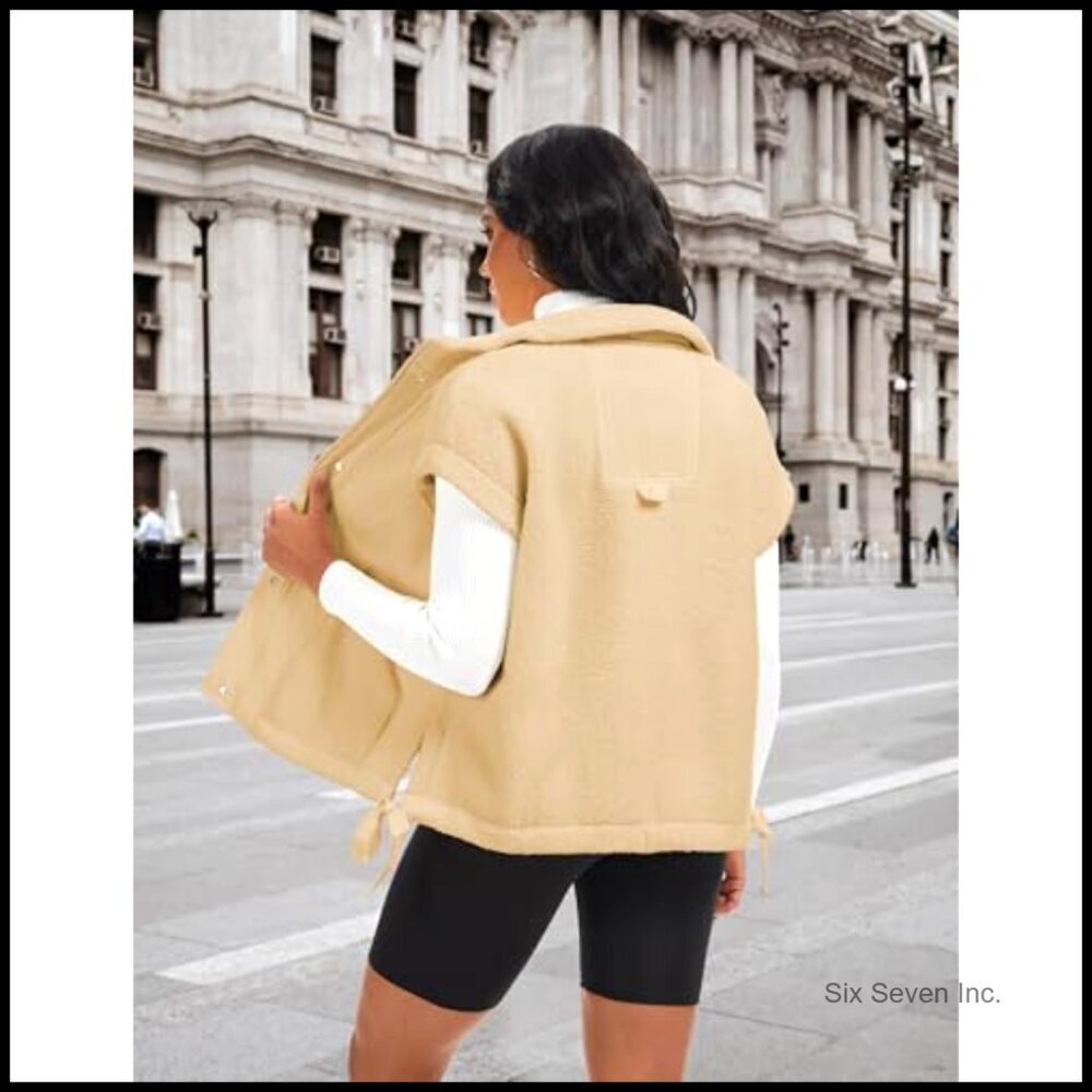 Sherpa Fleece Vest Oversized Boxy Silhouette Casual Warm Button Front Pockets - Picture 4 of 7